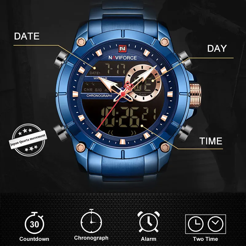 NAVIFORCE Men Military Sport Wrist Watch Top Brand Luxury Quartz Steel Dual Display Male Clock Watches Relogio Masculino 2020