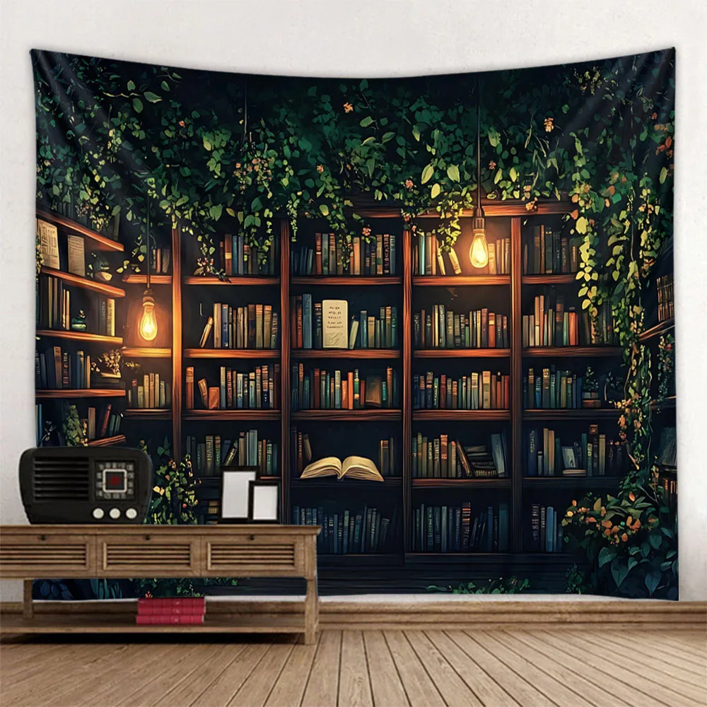 

Magic bookshelf wall mounted tapestry library, living room background cloth, aesthetic bedroom decoration, dreamy home decor