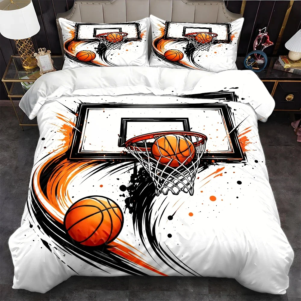 3Pc Trendy Basketball Theme Duvet Cover Set, Three-Piece Bedding Set (1*Duvet Cover + 2*Pillowcases), Suitable for All Seasons, Machine Washable, Invisible Zipper Double Bed Cover, Suitable for Home, Dorm, Master Bedroom, Guest Room, Large Bedding Set, Personalized Sports Style Bedding Set, Basketball Print Bedding Set, Durable and Easy-To-Wash Basketball Duvet Cover Set, Vibrant Sports Style Bedding Set, 2D Flat Print