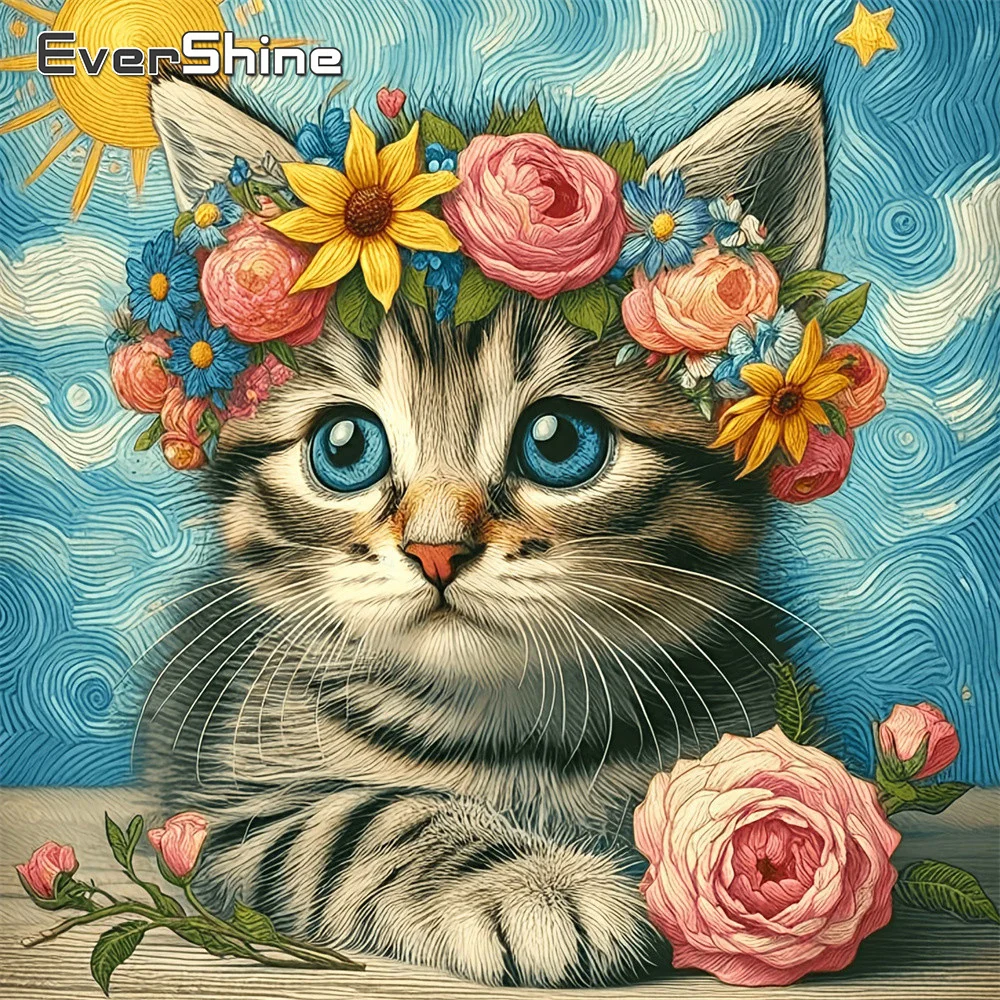 Evershine Diamantmalerei Tier Vollquadratische Stickerei Katze Strass-Bild 5D Mosaik Rose Handgemachtes Hobby