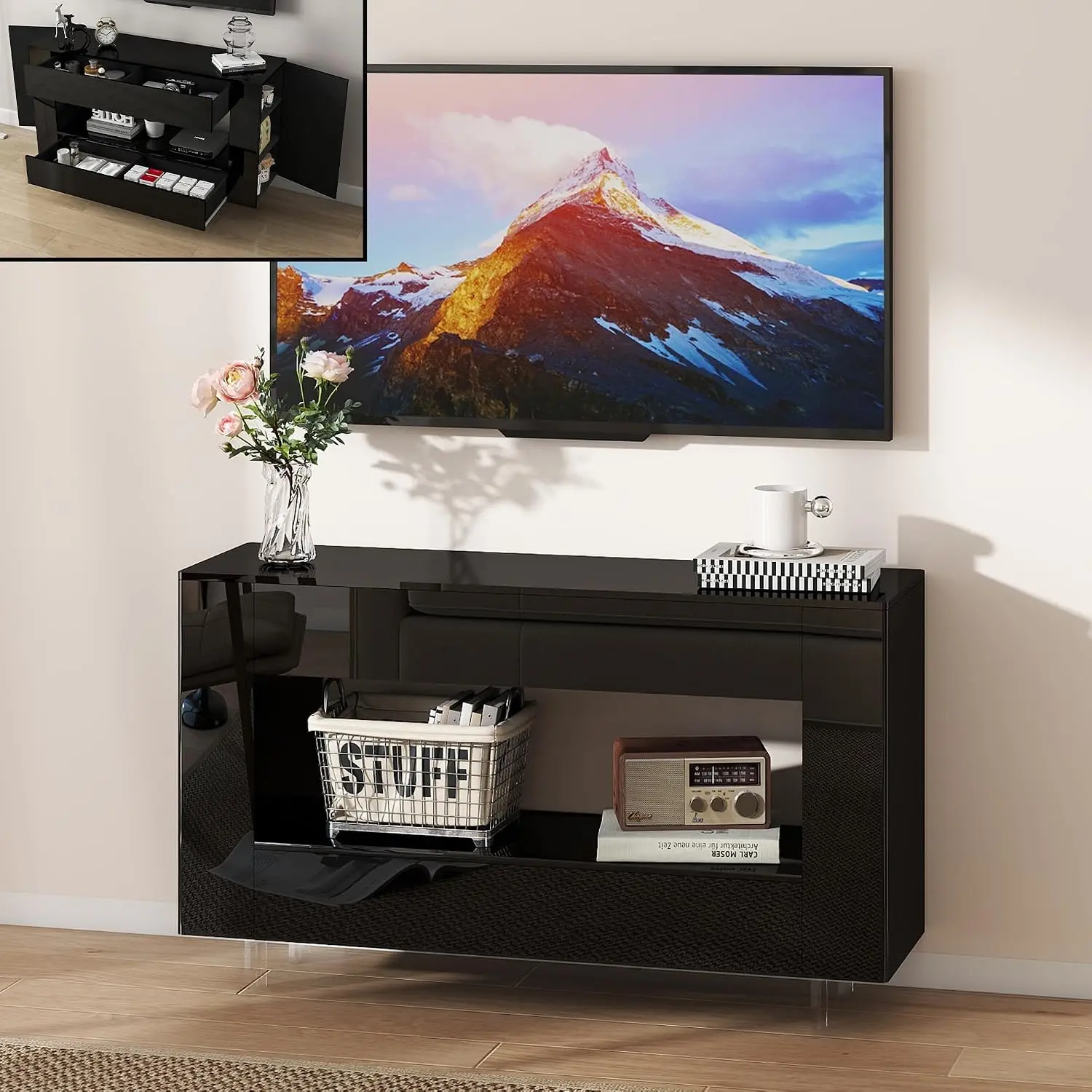 55-Inch High Gloss Black TV Stand, Modern Entertainment Center with 2 Drawers, Hidden Storage Cabinets, Glossy Media Console