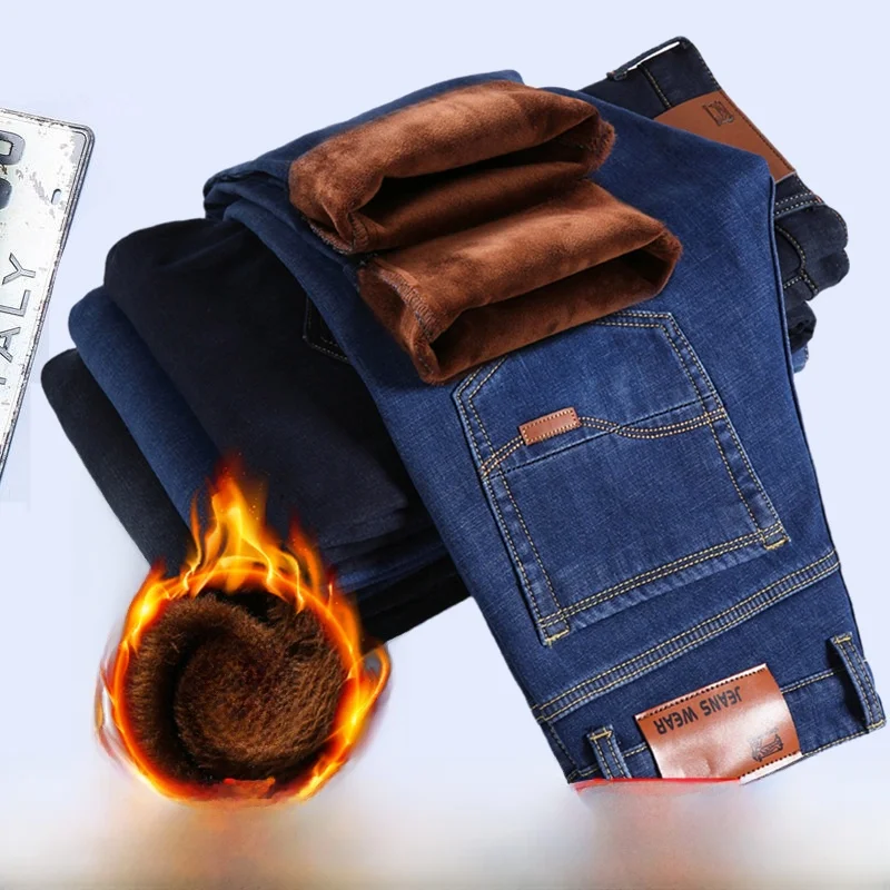 

Thiened Fce Men's Jeans Straight Leg Cotton Enriched Casual Long Pants Warm Sli Urban Faion mid Waist Zipper Fly