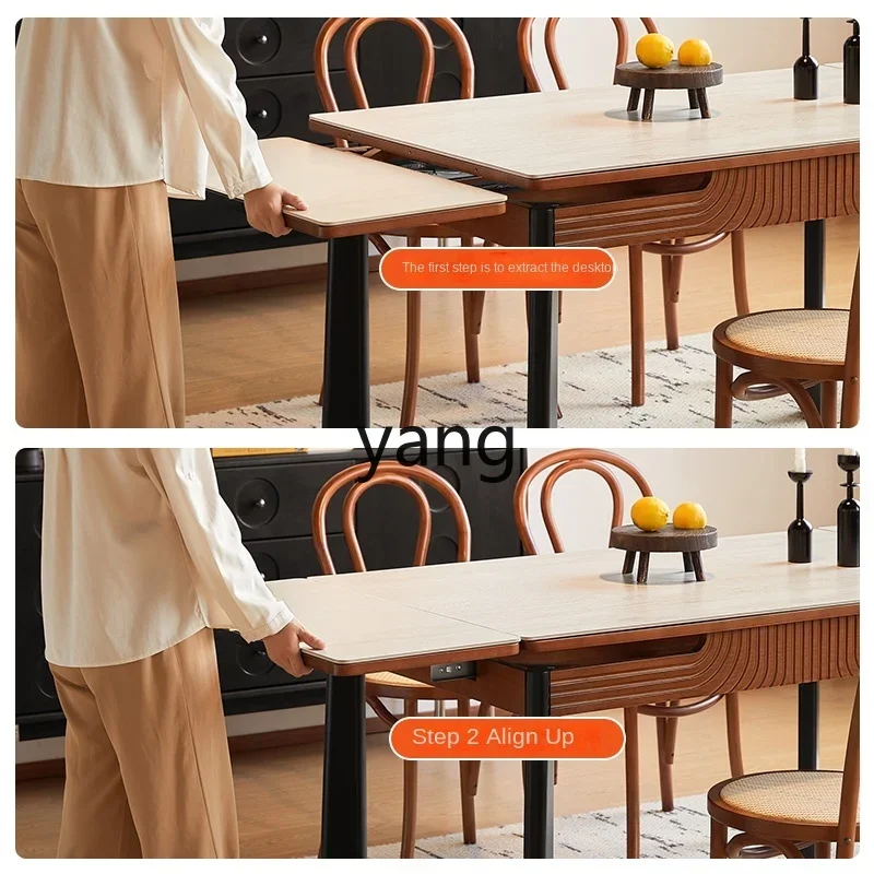 XYY solid wood rock slab dining table and chairs retractable folding medieval household rectangular table