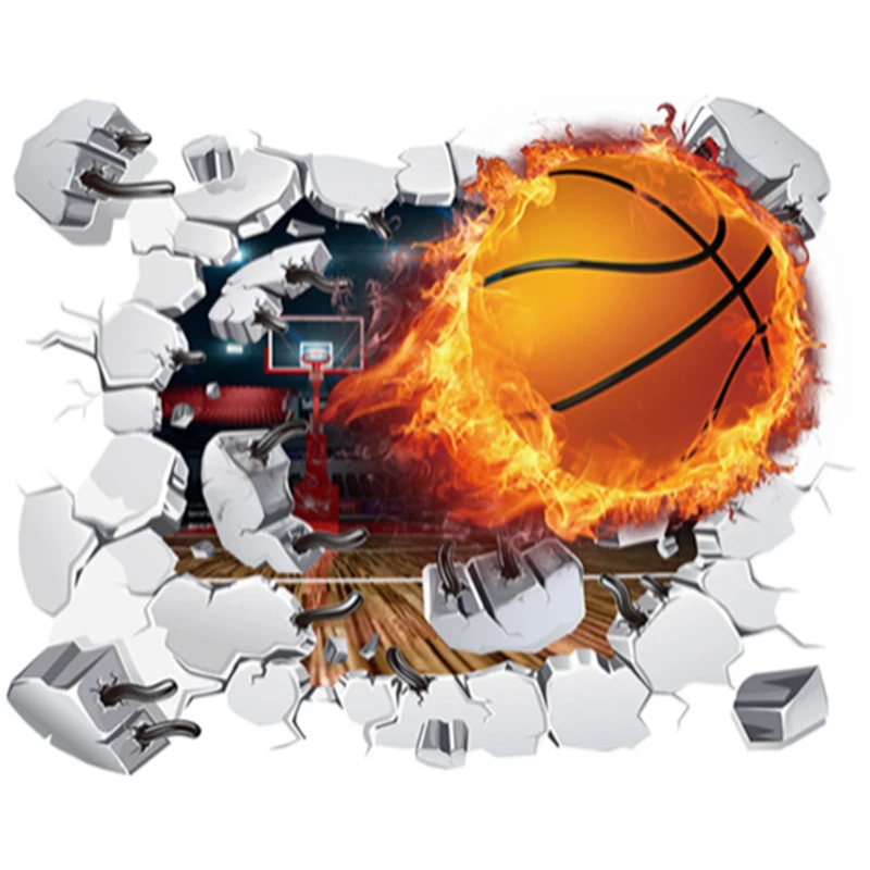 Creative Sport Poster Flame Basketball 3D Broken Wall to Enter Kids Room Vinyl Mural Stickers for Home Boys Bedroom Decoration