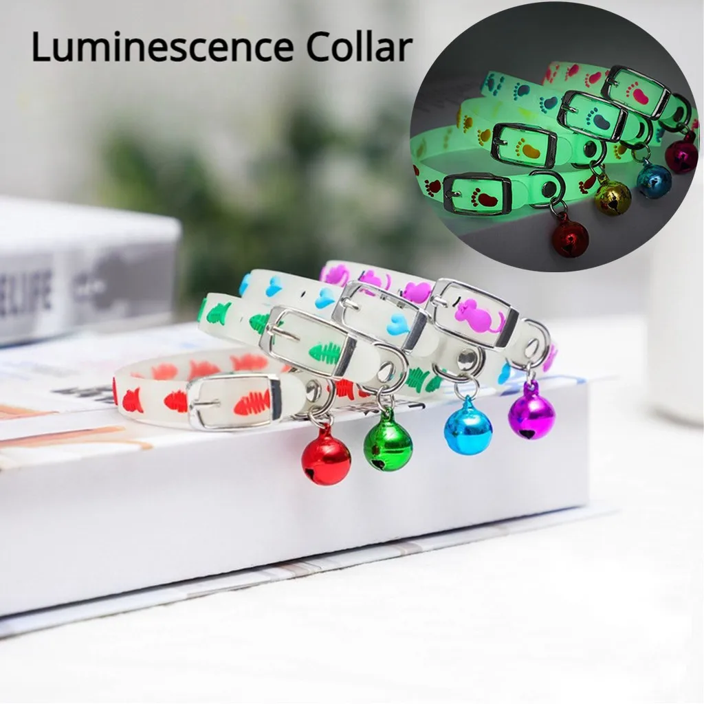 Pet Collar with Bell Luminescence Cat Necklace Small Dog Glow Collars Adjustable Safety Ring Anti Night Lost Collar Pet Supplies