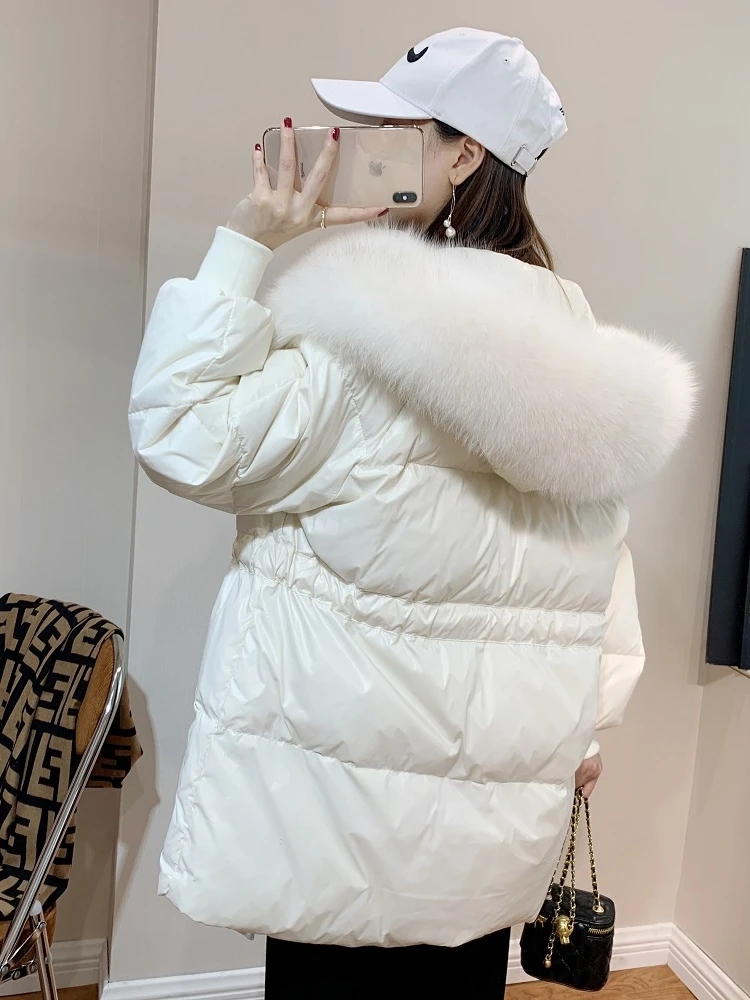 ew Winter Thick Warm Short Jacket Women Big Faux Fur Collar Hooded Parkas 90% White Duck Down Coat Lace-up Outwear