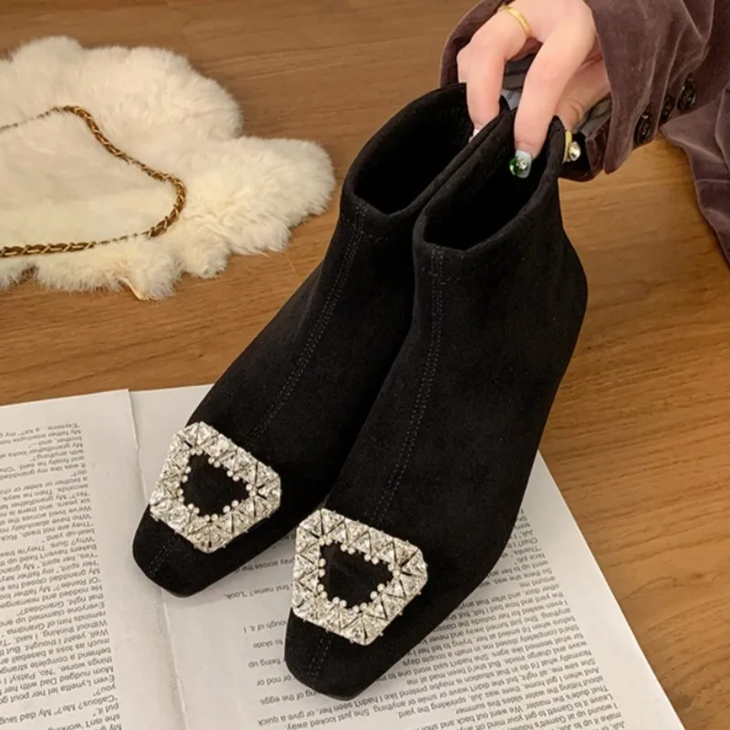 

Elegant Crystal Women Ankle Boots Suede Flats Casual Walking Shoes 2025 Winter New Trend Fashion Woman Gladiator Chelsea Botas