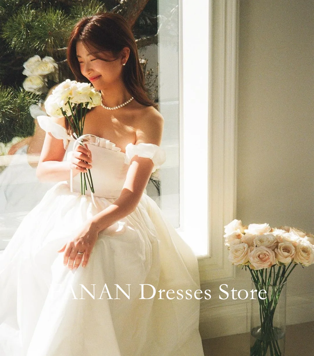 

FANAN Korea Ivory Off Shoulder Elegant Taffeta Wedding Dresses 웨딩드레스 A-Line Corset Sleeveless Custom Made Bride Gowns Plus Size