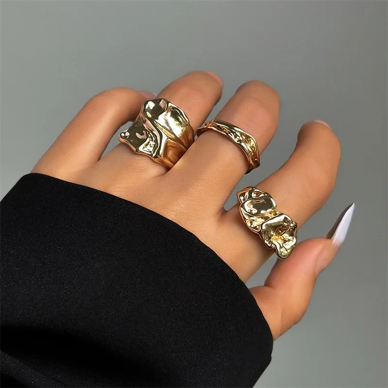 Punk Golden Liquid Rings Set For Women Fashion Irregular Wave Metal Knuckle Rings Aesthetic Egirl Gothic Jewelry Birthday Gifts