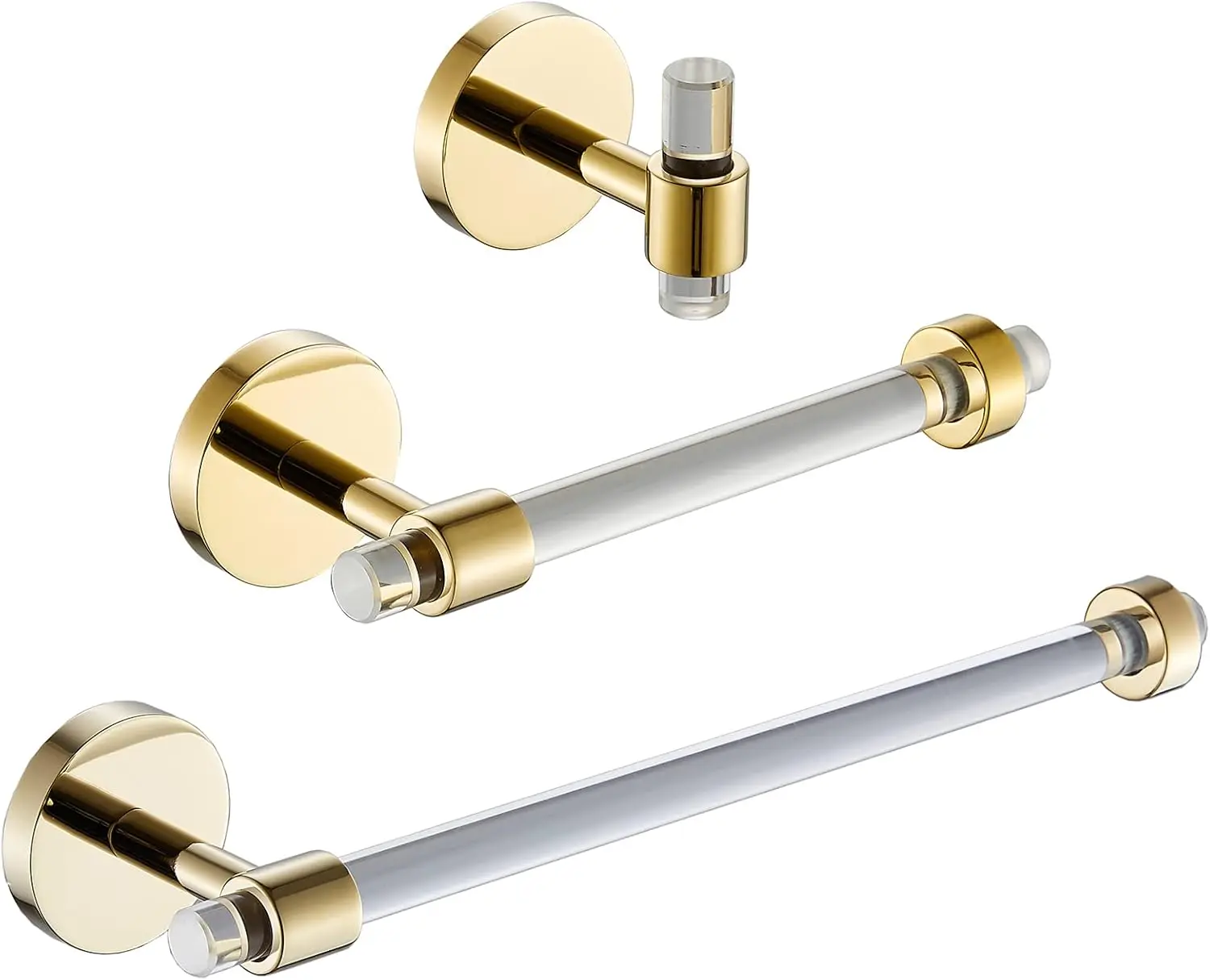 

3-Piece Acrylic Bathroom Hardware Set - Gold Towel Holder, Toilet Paper Holder & Hook, Wall Mounted