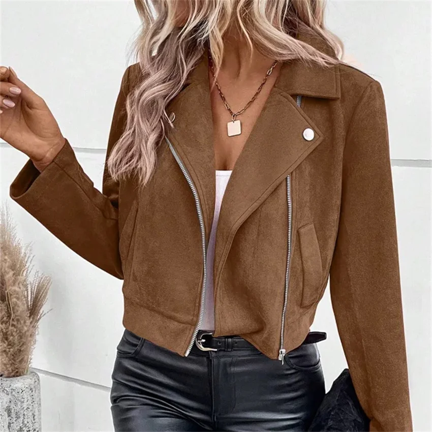 Gowyimmes 2026 New Spring Autumn European and American Women Suede Coat Slim Big Size Lady Botorcycle Jackets Coats Outwear 1873