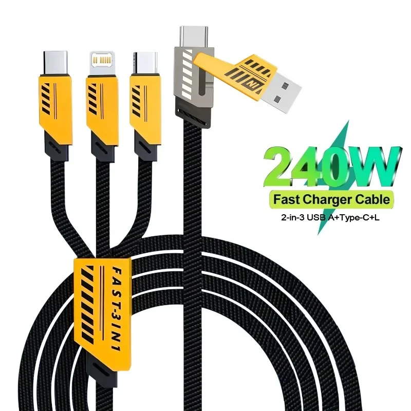 Image of 240W Multi-Ladekabel 1,2m 3-in-2-Port Schnellladekabel Kompatibel mit Typ-C Micro-USB Mobiltelefonen