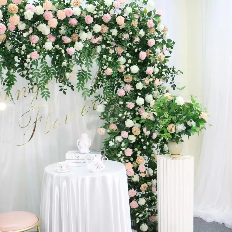 Luxury White Pink Rose Green Plants Leaf Artificial Flower Row  Wedding Party Arch Backdrop Decor Hang Flower