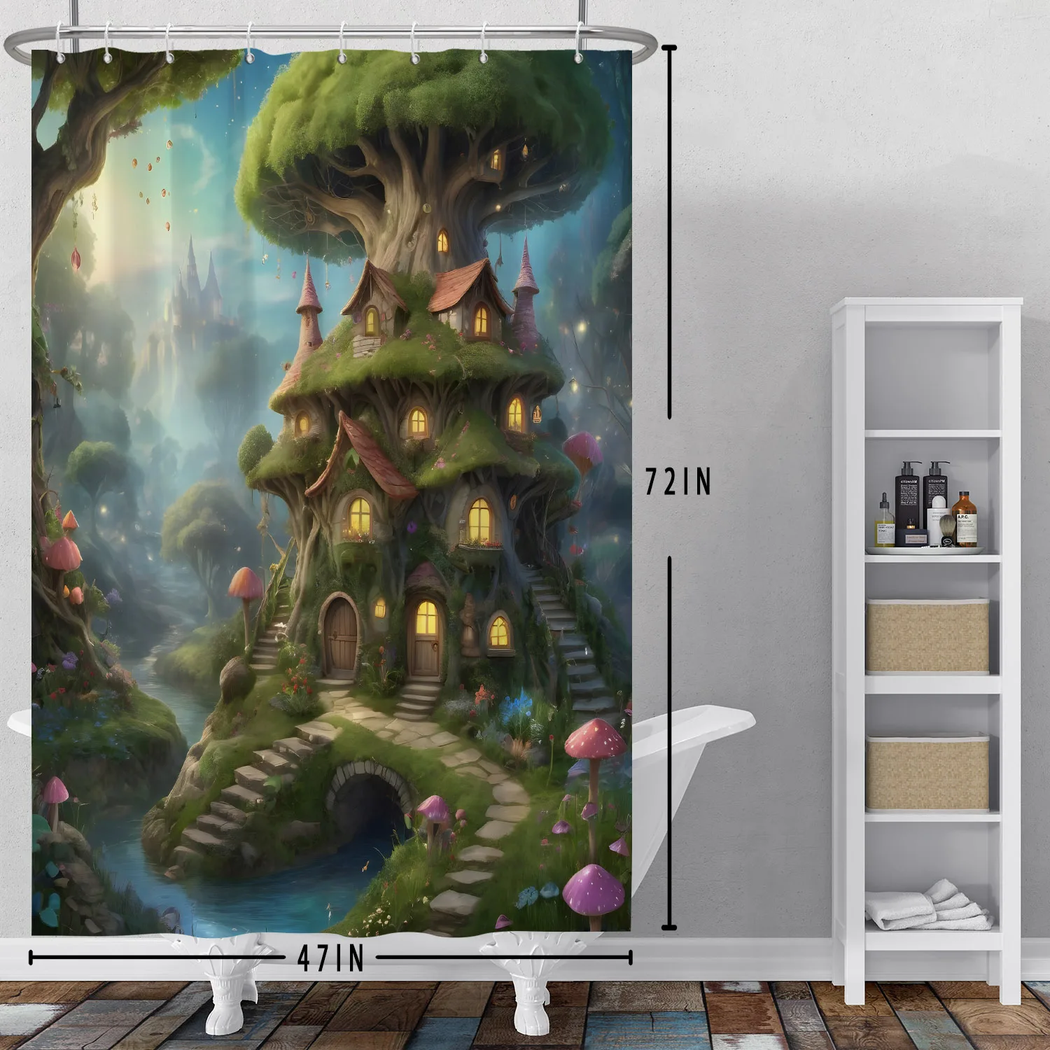 Magic Forest Mushroom House Shower Curtain Fairy Tale Wonderland Fantasy Old Tree Home Bath Partition Waterproof Hanging Curtain