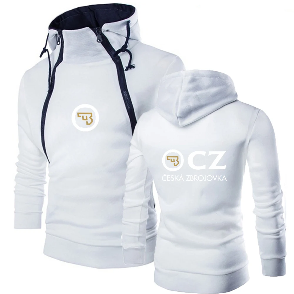 

2023 New CZ Logo Solid Color Double Diagonal Zip Design Hoodies Autumn Men's Ceska Zbrojovka Print Hooded Long Sleeve Sports Top