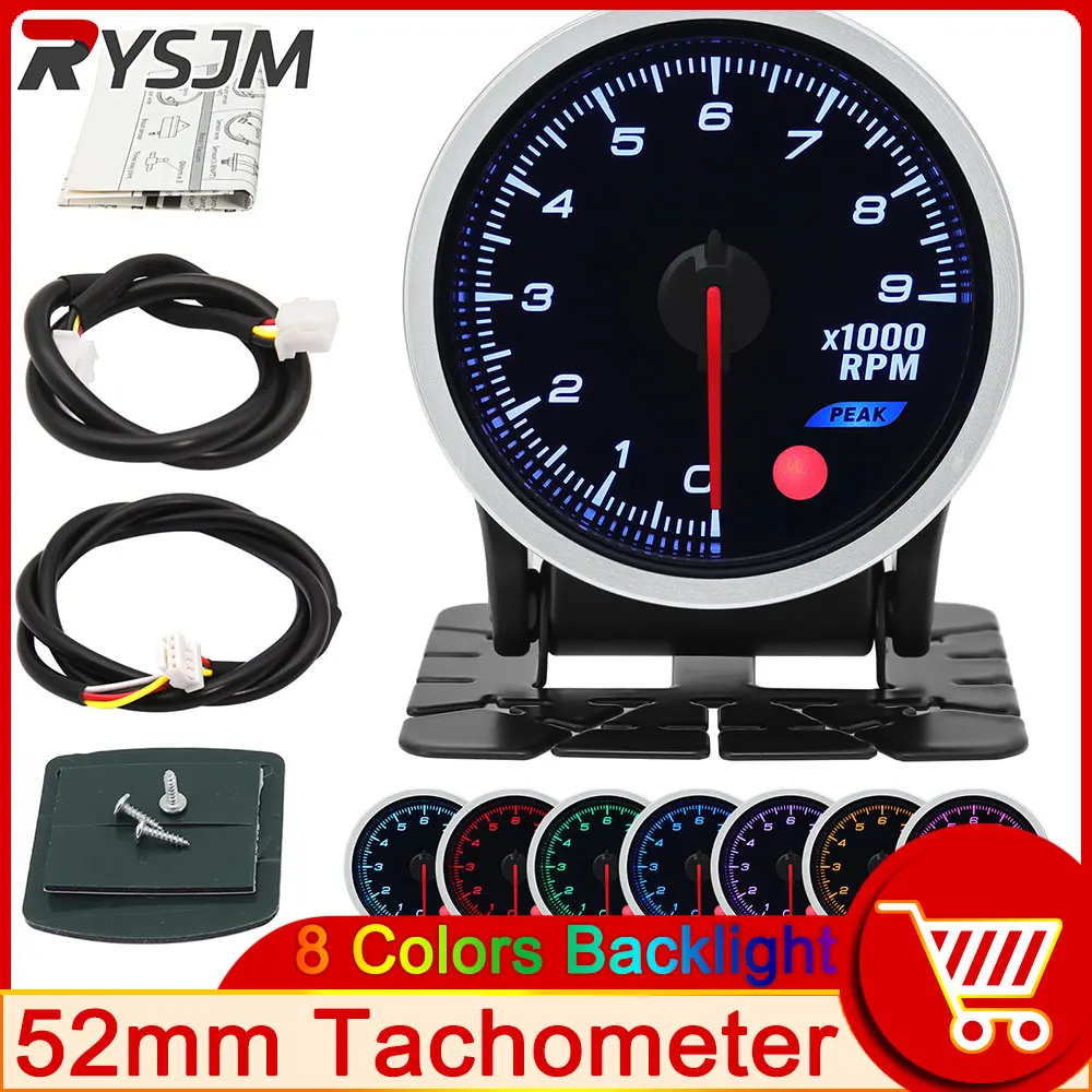 8 Color Backlight 52mm Tachometer 9000 RPM Meter Gauges Universal Accessories for 12V Car Gasoline Generator Speed Tachometer