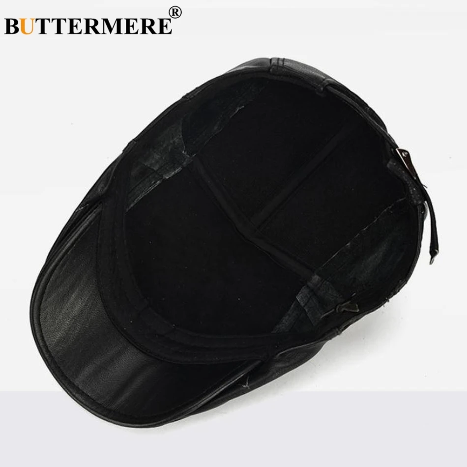 BUTTERMERE Mens Flat Caps Real Leather Hats Berets Male Genuine Leather Cowskin Adjustable Ivy Cap Classic Driving Cabbie Caps