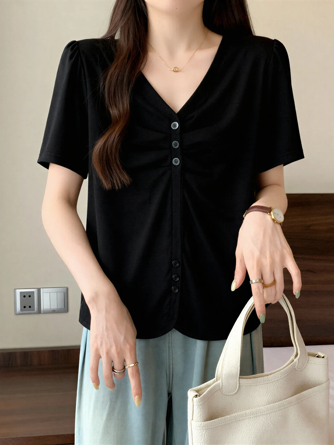 

Slimming V-neck Short Sleeve Pure Cotton Black Shirt Women's Summer plus Size Casual Comfortable Fashionable Korean Style Top