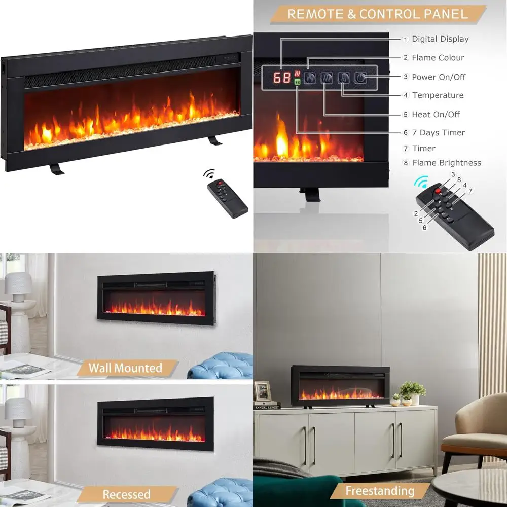 مدفأة كهربائية مجوفة مثبتة على الحائط بقدرة 36 وات 3 في 1، 9 ألوان لهب، متوافقة مع وسائط التلفزيون