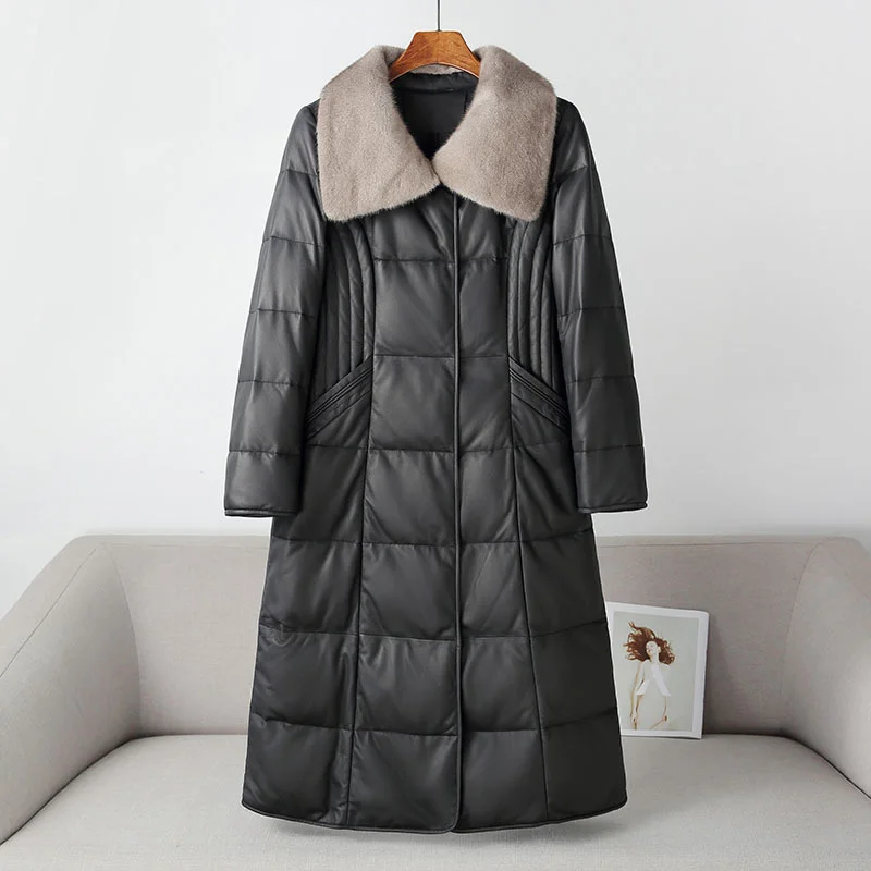 

2023 New Real Leather Jacket Women Warm Long Down Coat Mink Fur Collar Winter Genuine Sheepskin Jackets Thick Overcoat