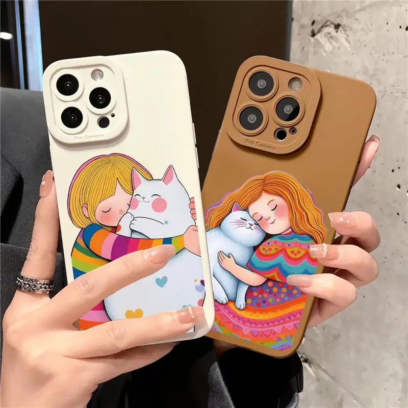 Retro Color Painting Young Girl Art Pet Cat Phone Case For iPhone 13 11 14 12 Pro Max 7 8 Plus SE2 X XS XR Soft