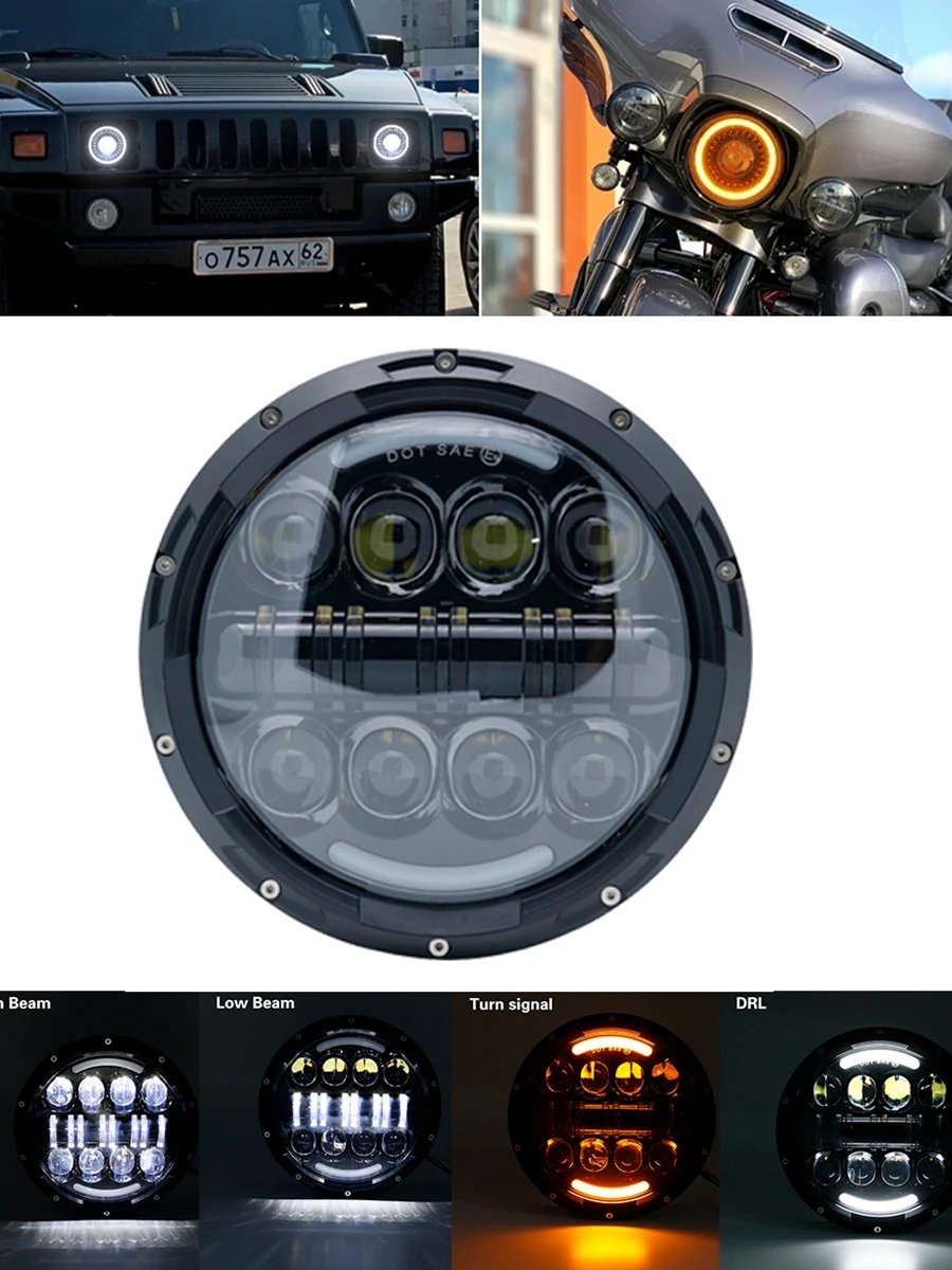 Car Motorcycle 7 Inch LED Round Headlight Angel Eye For Wrangler Jeep Off-road Headlight H4 80W 6000K 12V-24V Headlamp