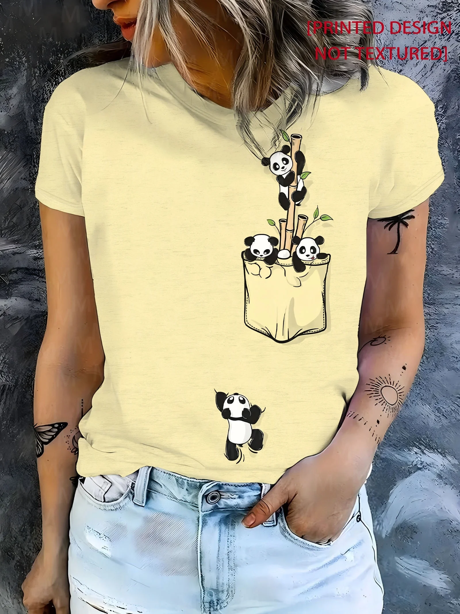 Women's T-shirt Round Neck Pocket Panda Bamboo Print Short Sleeve Casual Daily Summer Women Clothes