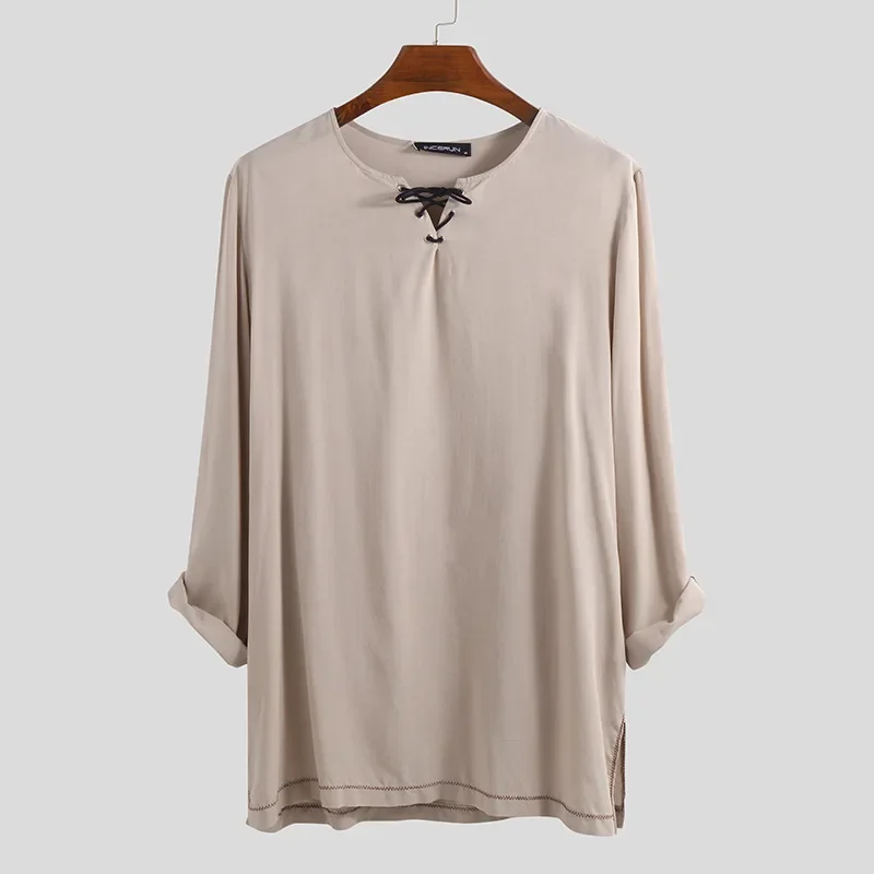 

Europe and The United States Men's Retro Solid Color Leisure Cotton Hemp Long Sleeve Arab Youth Street Casual Clothing