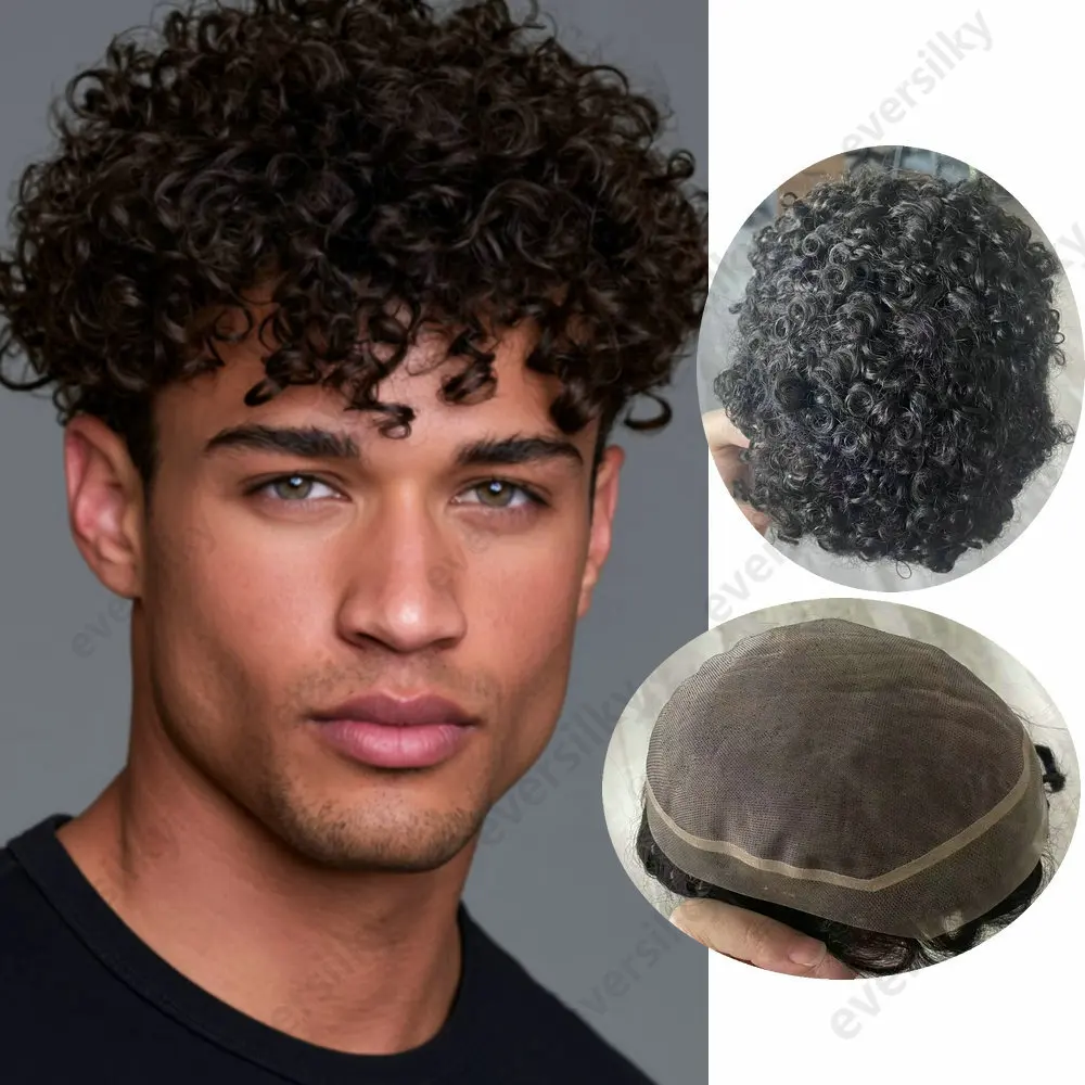 15mm18mm20mm Lockiges Herren-Toupet aus natürlichem Echthaar, langlebige Mono-Mesh-PU-Basis, handgefertigtes Haarsystem für Männer. – Detail 1