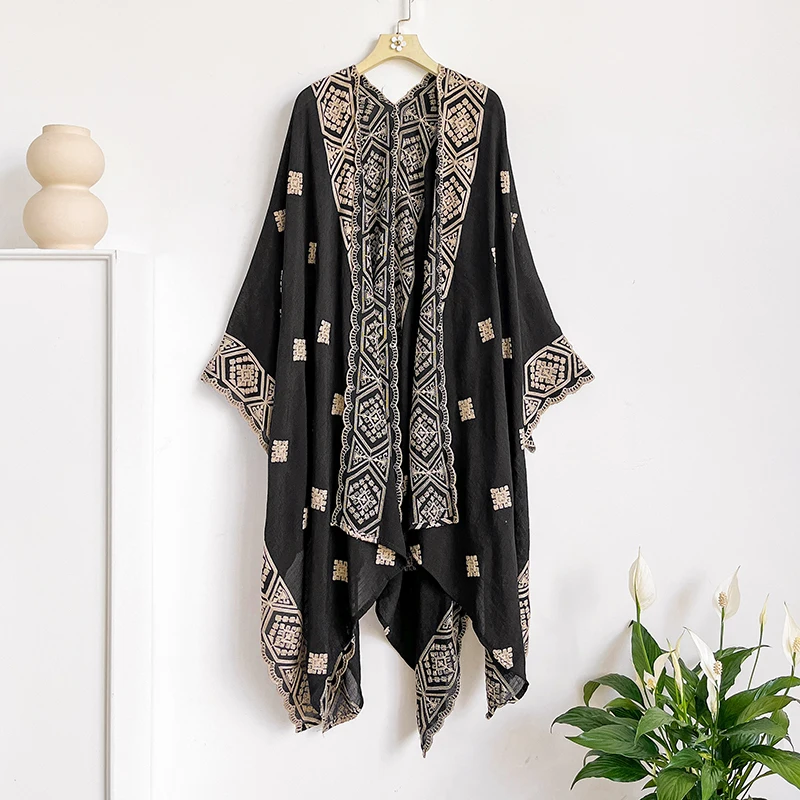 Vintage Tribal Geometric Embroidery Long Kimono, Ladies Loose Boho Beach Swim Cover Up Maxi Kaftan for Summer Vacation