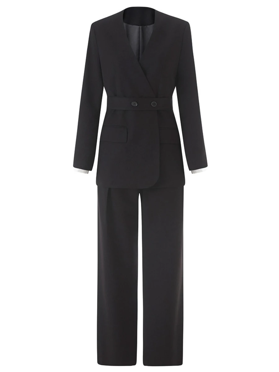 CHICEVER Solid Spliced Sashes Two Piece Set Female V Neck Long Sleeve Jacket Casual Normcore Women's Trousers Sets Fashion New