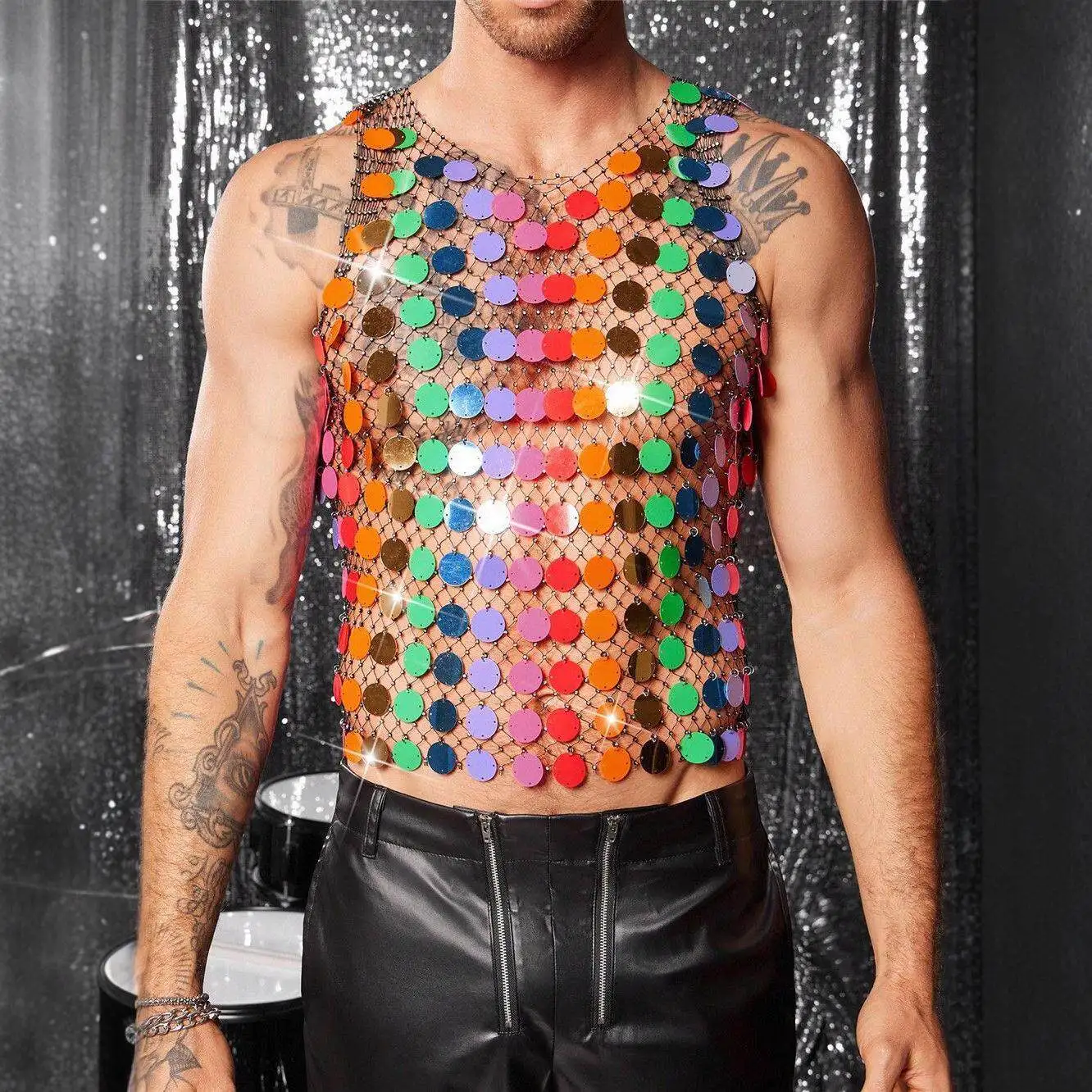 

New Beads Men's Hollow out Tank Top Party Club Fishing Net Style Women's Fashion Cross-Border Hollow out Vest