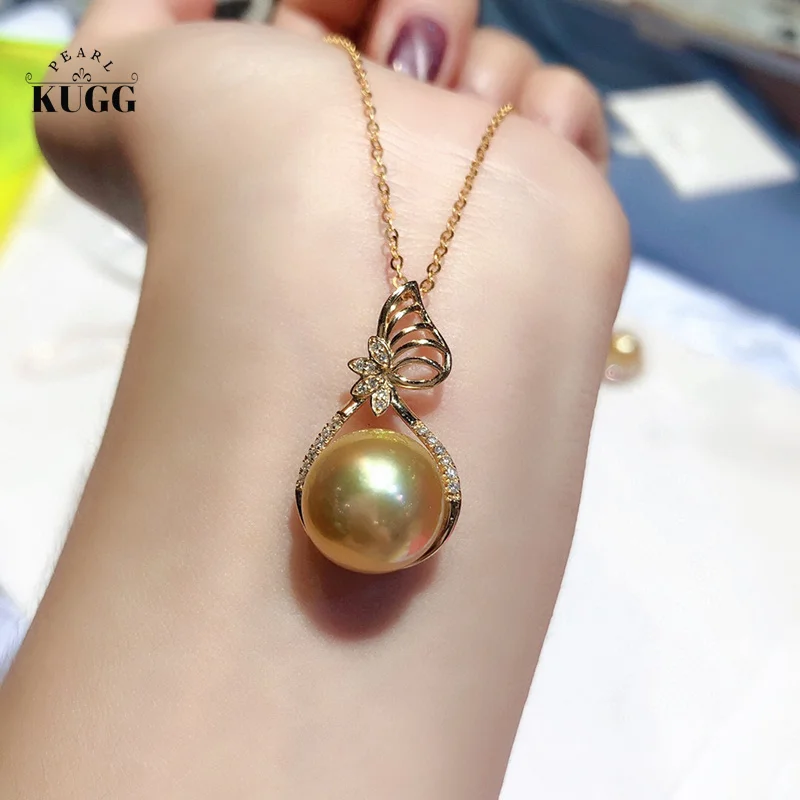 

KUGG PEARL 18K Yellow Gold Necklace 11-12mm Natural South Sea Gold Pearl Necklace Elegant Style Luxury Diamond Jewelry for Women