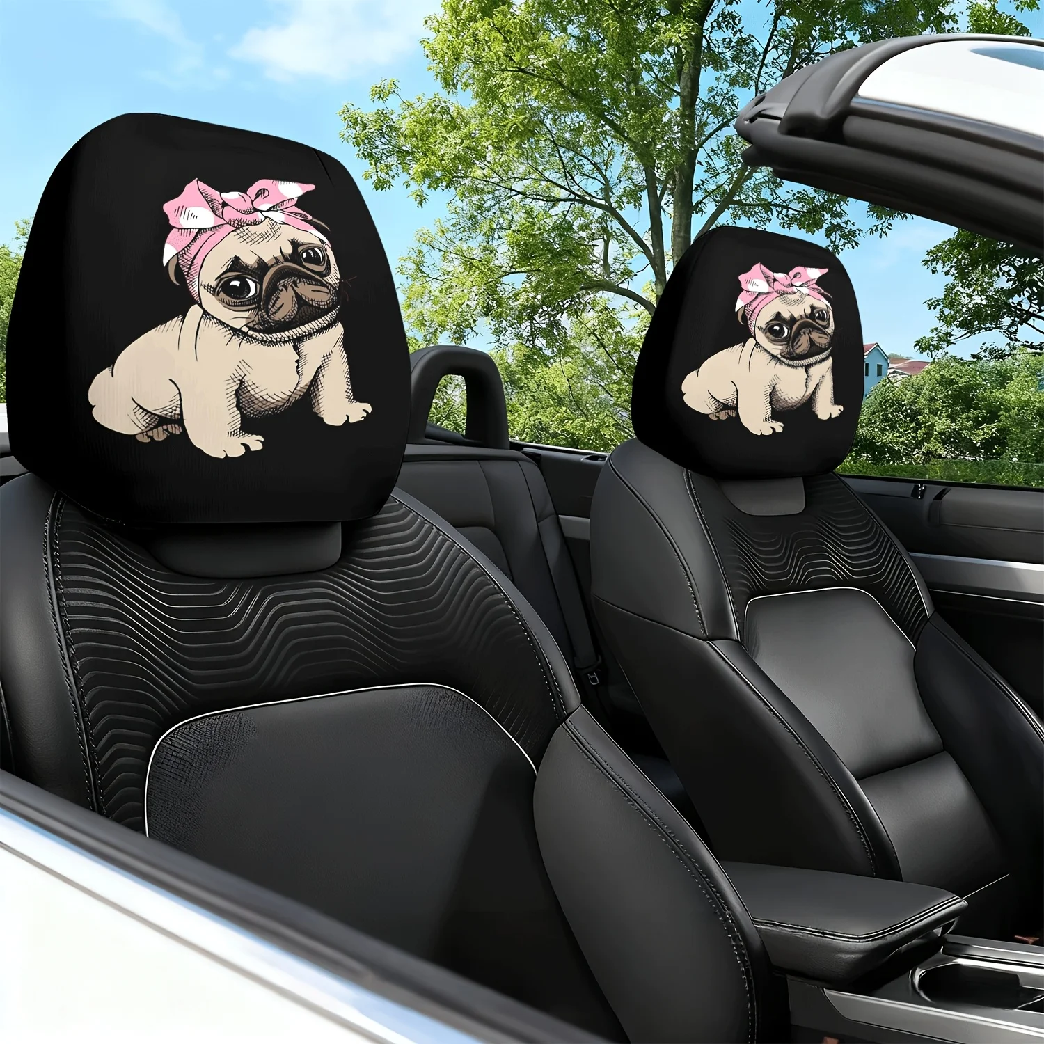 2pcs Car Headrest Covers Puggle Dye Pink Bowknot Themed Printed Car Seat Headrest Pillowcase Neck Pillow Protector – Slip-Resi
