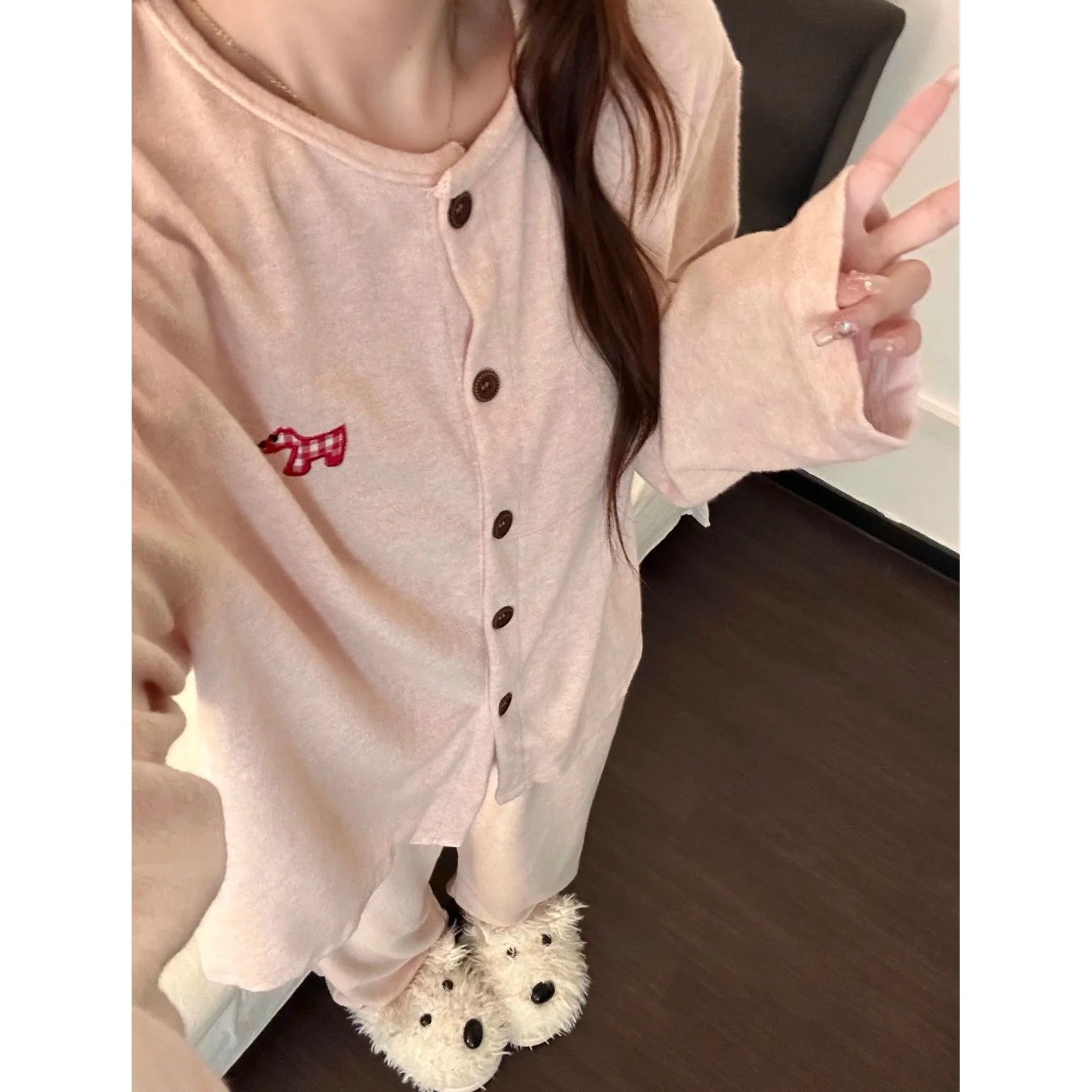 

Комплект домашней одежды из двух предметов: вельветовый костюм для женщин Thiened Autumn Winter Pink Doggie, повседневный, с длинным рукавом, круглым вырезом, для дома...