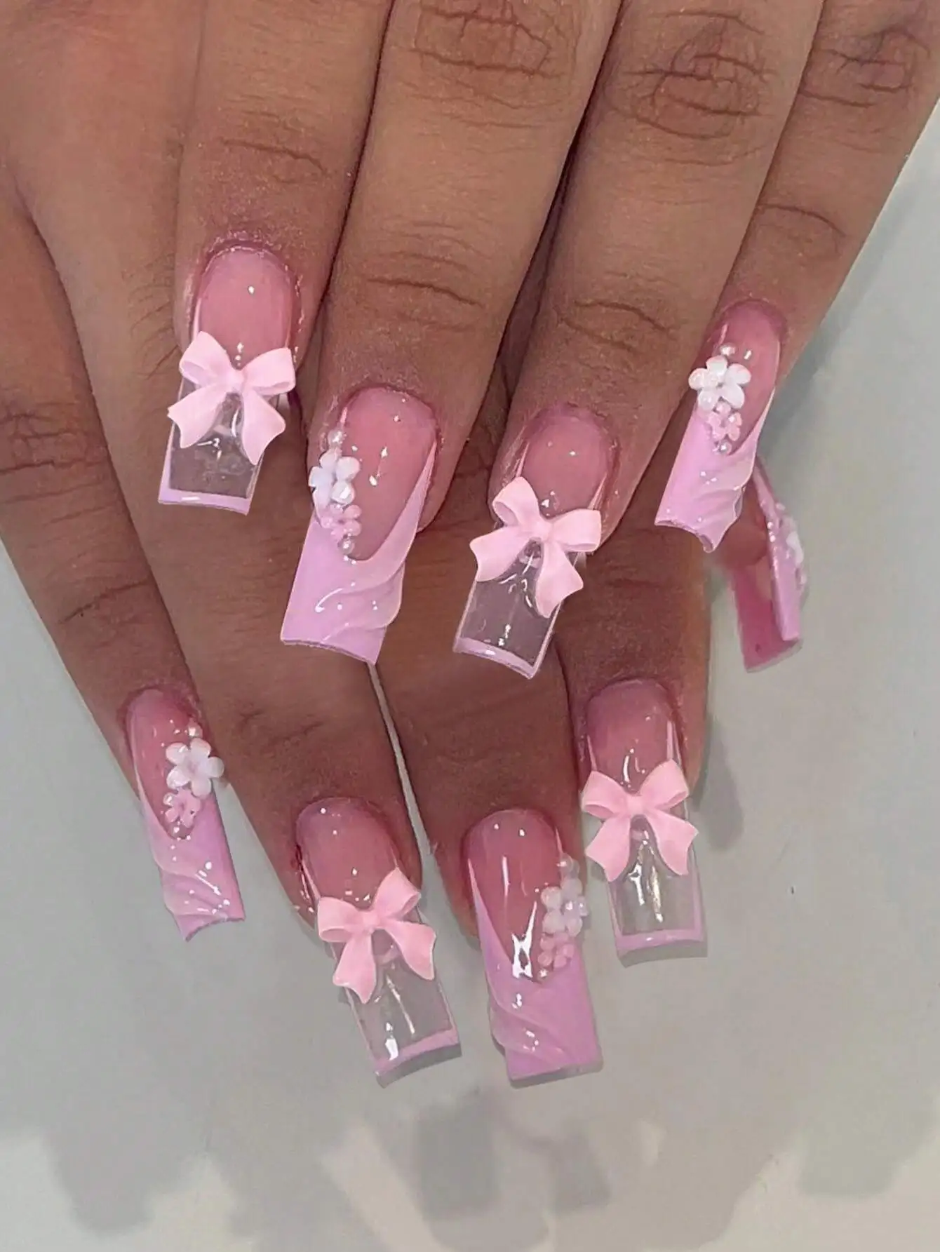 

24pcs 3D Nail Stickers, Square Pink French Manicure Strips, Medium Flower & Bow Design Acrylic Fake Nails Set, Includes 1 Gel Polish And 1 Nail File