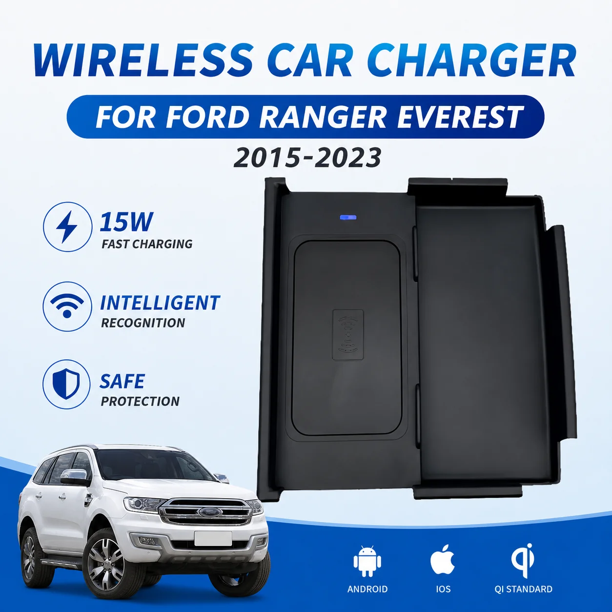 Car Wireless Charger apply to Ford Everest 2015-2023 Fast Charging Phone Case Accessory Compatible with Auto Cars