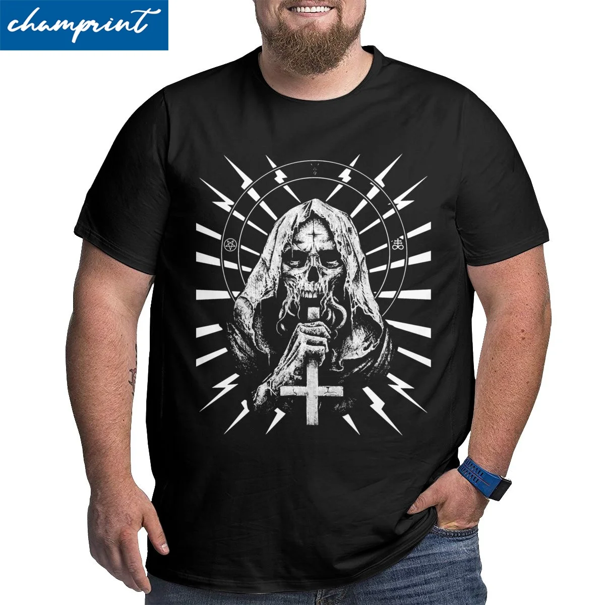 Satan 666 Devil Pentagram Devil T-Shirt Men Vintage Pure Cotton Big Tall Tees Round Neck T Shirt Big Size 4XL 5XL 6XL Clothes