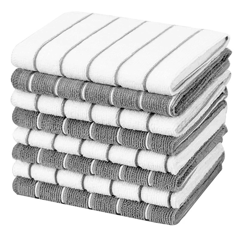 Microfiber Kitchen Towels - Super Absorbent, Soft Dish Towels, 8 Pack Stripe Designed Grey And White Colors Reusable Durable