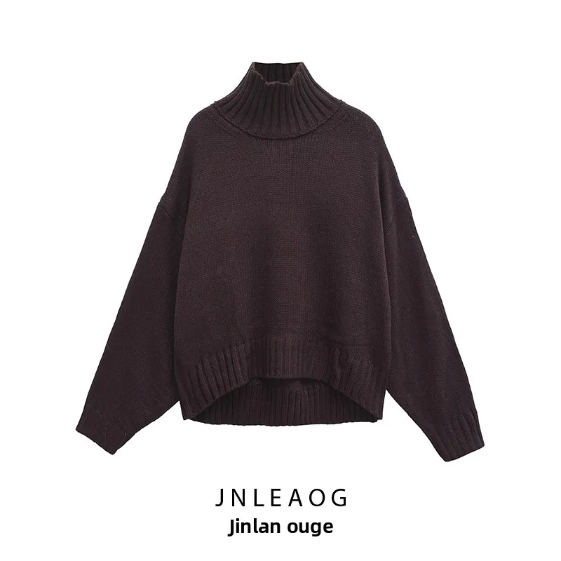 JNLEAOG Autunno New Faion Casual Lungo Sve Camere Maglione Marrone Profondo Collo Alto da Donna Street Sle Fibra di Poliestere