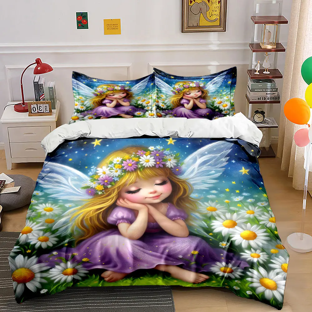 

Fairy with Daisy Crown Pattern Duvet Cover Set Digital Print Colorful Polyester Bedding with Zipper Closur for kids gifts