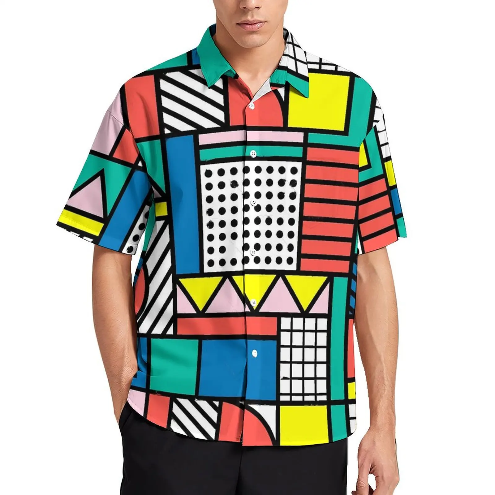 

Memphis Color Block Beach Shirt Man Geometric Elegant Casual Shirts Summer Short Sleeve Fashion Graphic Plus Size Blouses Gift