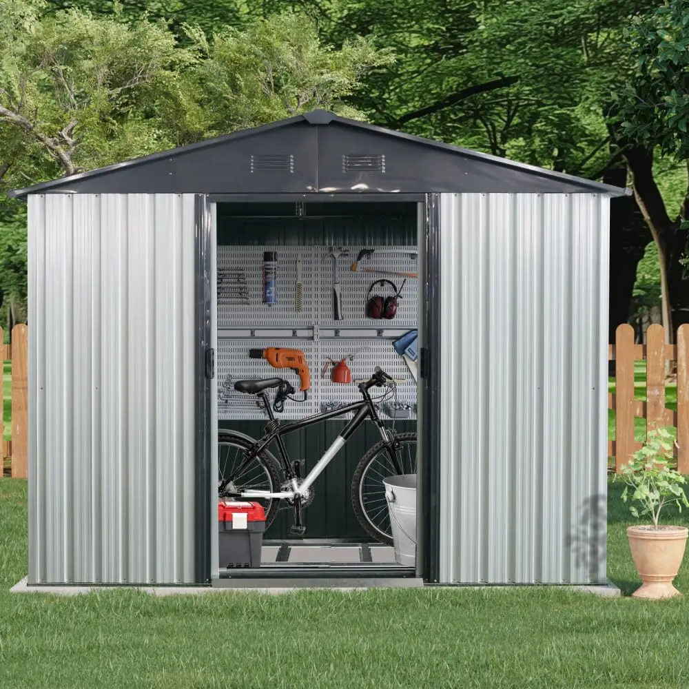 8x4FT Metal Storage Shed, Sliding Lockable Doors, Ventilated Garden Tool House with Shelf & Hooks, Customized