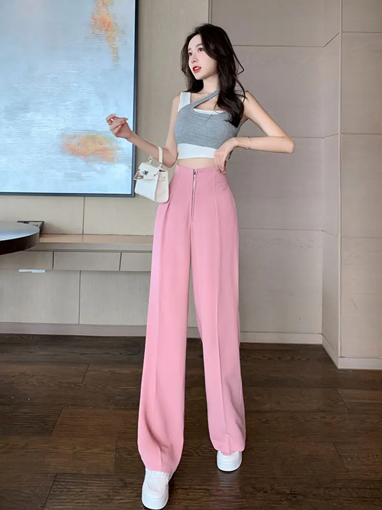 JXMYY 2024 Pure Relief New High-Waist Zipper Loose Drape Thin Section Women\'s Wide-Leg Straight Suit Slim And Versatile Trousers