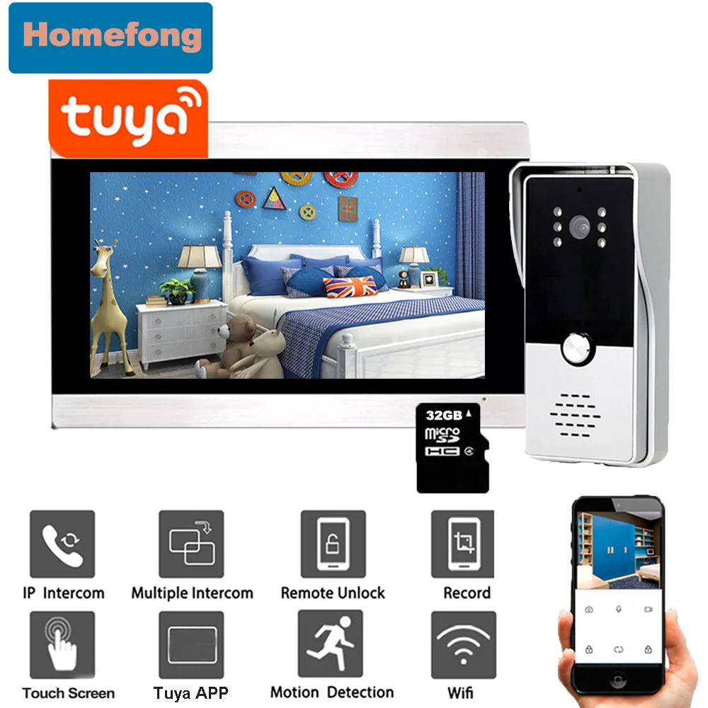 Homefong 7 Inch 1080P Touch Screen Tuya Wifi Video Intercom System Record Motion Detection Wireless Video Door Phone Doorbell