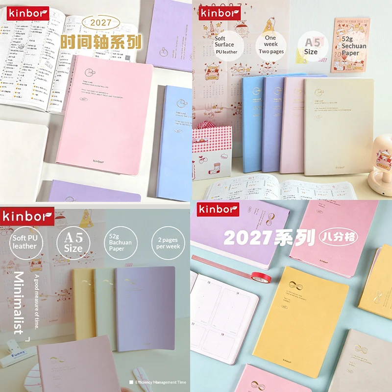 Kinbor A5 Student Planner Notebook 2027 Agenda 24-Hour Time Axis Calendar /8-Grid Check-in Grid Paper College School Study Tools