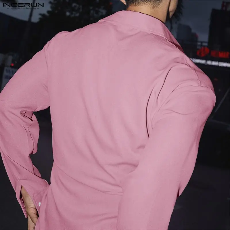 INCERUN 男性シャツ固体ラペル長袖レースアップカジュアル男性服ルーズ Streewear ファッションレジャートップス男性シャツ S-5XL