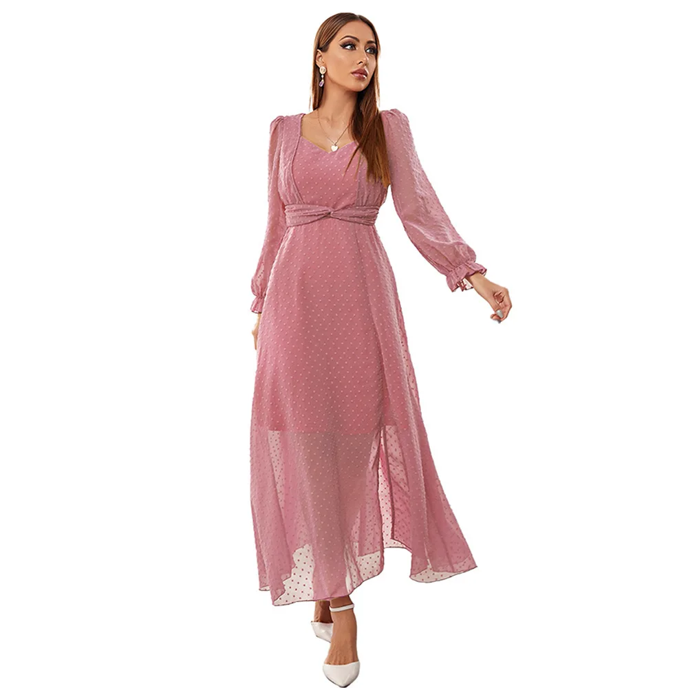 ZG-21763-1 vestido feminino outono inverno novo vestido longo de malha rosa cintura alta ajuste fino