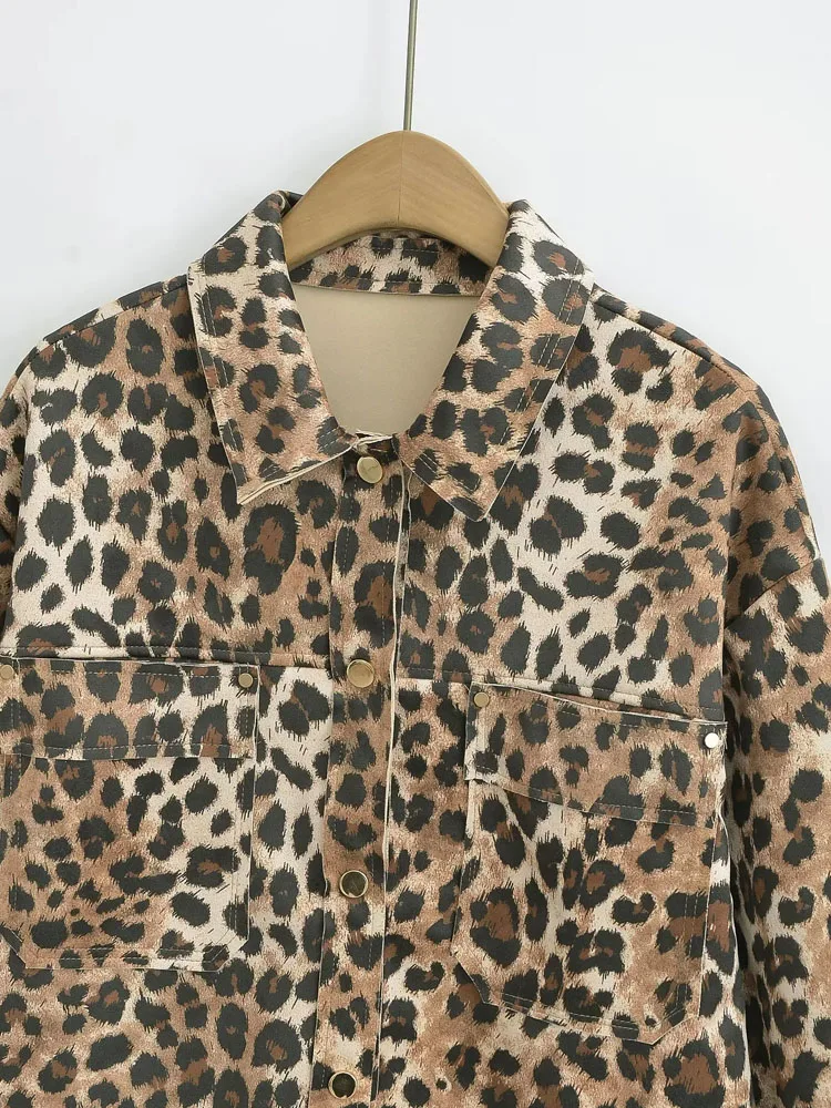 KAOPU ZA Women leopard print faux suede jacket vintage lapel collar long sleeve patch pockets female outerwear chic tops