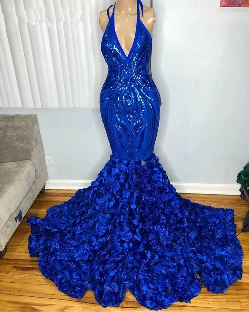 Royal Blue South African Prom Dresses Mermaid Halter Sequins Flowers Black Girls Nigeria Robe De Soiree Evening Dresses Gown